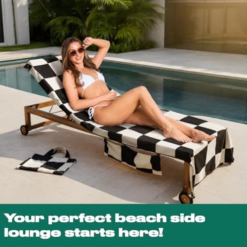OHS Sun Lounger Towels with Pockets, Soft Quick-Dry Towel Absorbent Beach Towel in a Bag Lightweight Large Beach Towels for Adults Summer Holiday Essentials, 75 x 215cm - Monochrome Checkerboard — view 5