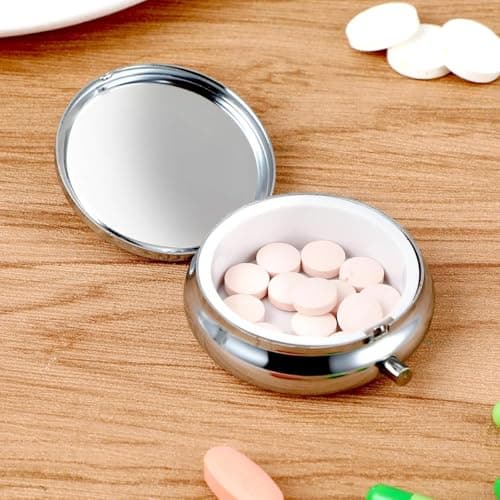Small Pill Box, Single Pill Box, Portable Medicine Pill Case, Small Metal Pill Case, for Tablets Vitamins Cod Liver Oil Supplements Medication Purse Pocket Portable (Silver) — view 5