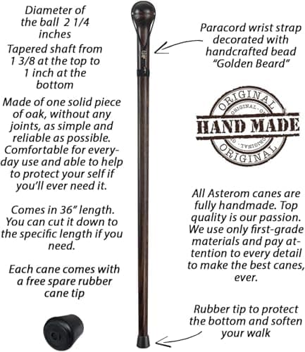 Asterom Handmade Walking Stick for Men - Solid Hardwood Carved Cane with Unique Paracord Skull Strap (Nutcracker) — view 3