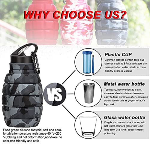 Collapsible Travel Water Bottle 19.6 oz, Reusable Silicone Collapsible Water Bottle for School, Office, Gym, Camping and Hiking, Portable Leak Proof Sports Bottle with Carabiner (Dark grey camouflage) — view 4