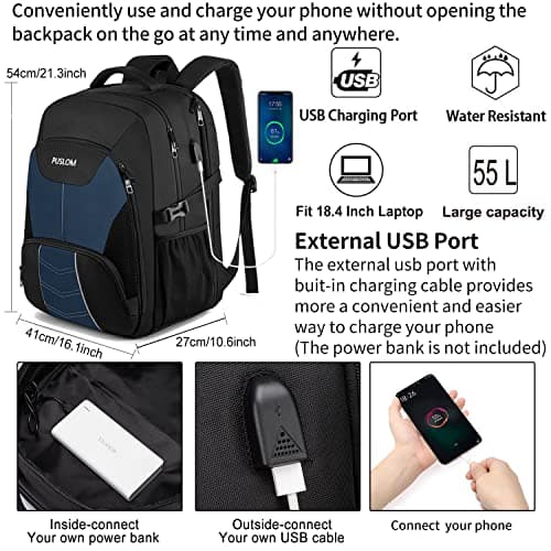 Extra Large Backpack for Men 55L,18.4 Inch Travel Laptop Rucksack with USB Charging Port Business Flight Approved Carry On Backpack,TSA Big Capacity Heavy Duty Computer Bag College School Bookbag,Blue — view 2