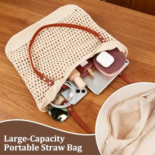 Synther Straw Bag for Women, Beige Straw Beach Bag with Zip, Large Capacity Summer Crochet Beach Bag Bohemian Woven Tote Bag Shoulder Bag for Travel Holiday Shopping Daily Use — view 5