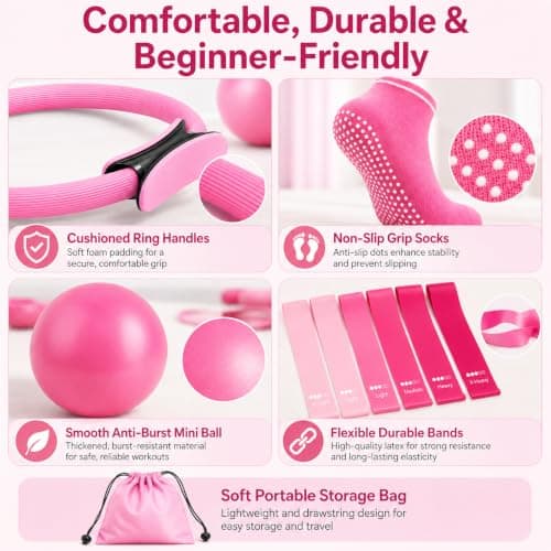 Purecas Home Pilates & Yoga Starter Kit for Women & Beginners | 9 Inch Exercise Ball, Resistance Bands, Pilates Ring, Ankle Straps | Essential Equipment Set for Core Workouts, Stretching — view 6