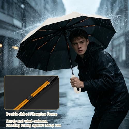 Peldris Compact Umbrella with Carabiner Handle, 10Ribs Folding Portable Strong Windproof Travel Umbrella, Automatic Open Close Umbrellas, Sun Umbrellas UV Protection for Women Men Kids (Beige) — view 5