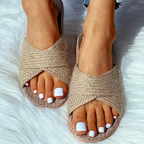 UK 5 Women's Men's Flax Tatami Slippers No Slip Indoor Slippers Open Toe Straw Slide Sandals Summer,Home Wooden Floor Grass Rattan Slipper for Travel, Hotel Sliders 001_Khaki — view 5