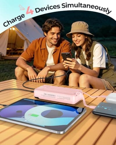 Power Bank 27000mAh,QC4.0 22.5W Fast Charging Portable Charger with Built-in 3 Cables, 4 Outputs & 3 Inputs Powerbank with LED Display for iPhone, Tablets and More Pink — view 4