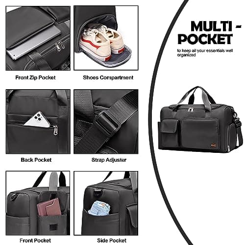 CarryFitness® Sports Gym Bag Duffle Bag with Shoes Compartment, Waterproof Weekend Bags for Women and Men, Hand Luggage Bag, Lightweight Holdall Hospital Overnight Bag - Black 37L — view 5
