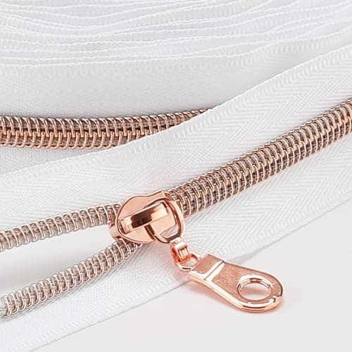 Sawoake Nylon Coil Zipper 10 Yards Bulk, #5 White with Rose Gold Teeth, Includes 10PCS Sliders for DIY Sewing, Crafts, Bags, Apparel Repair (#5 Rose Gold White) — view 2