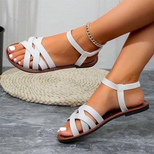 Women's Sandals UK Slingback Flat Feet Leather Roman Sandals Women Casual Travel Breathable Flip Flop Womens Wide Fit Slippers Ladies Summer Beach Shoes for Indoor and Outdoor Size 3.5-7.5 White — view 5