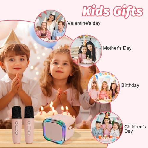Mini Karaoke Machine for Kids Adults with 2 Wireless Microphones, Portable Singing Machine for Ages 3,4,5,6,7,8,9,10,11,12+ Years Old Girl Birthday Gift, Karaoke Speaker, Family,Home Party (Pink) — view 4