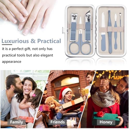 URAQT Professional Manicure Set, 7 pcs Portable Nail Clippers & Eyebrow Grooming Kit, Stainless Steel Nail Care Tools with Luxurious Leather Case for Travel & Home（Blue） — view 4