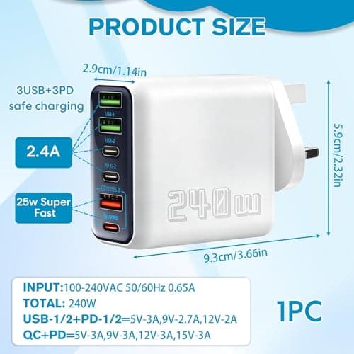 240W USB C Charging Station, 6-Port Multi USB Charger Plug for iOS Android — view 2