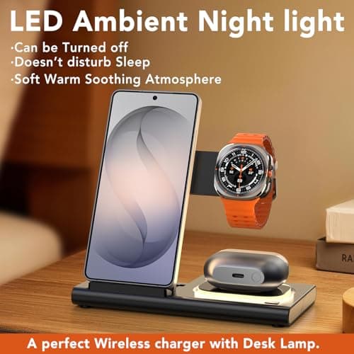 3 in 1 Wireless Charging Station for Samsung,Foldable & Nightlight Travel Wireless Charger for Galaxy S26 Ultra/S25/S24/S23/S22/Note20 Z Fold Flip7,Galaxy Watch 8/7/6/5/4/3 Active 2/1,Galaxy Buds 4 — view 6