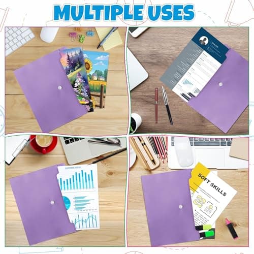 M1SS Pack of 10 Plastic Wallets A4 [33 x 23cm] Waterproof Plastic Folders for Documents Purple Popper Wallet A4 with Snap Button for Home, Office, School and Travel Stationary Paper Filing — view 6