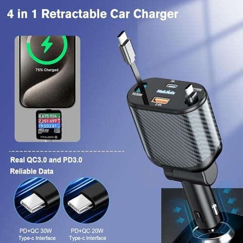 MAGJIEYX Retractable Car Charger, 80W Cigarette Lighter USB Adapter Fast Charging with Dual Type-C Cables & USB-C/USB-A Port for iPhone 16 15 14 13 12Pro Max Plus iPad AirPods Galaxy Car Accessories — view 2