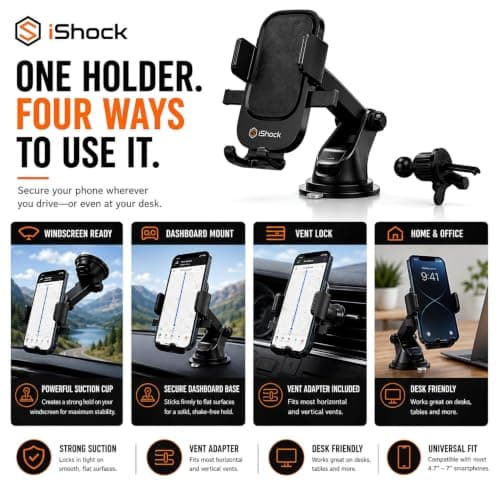 Car Phone Holder for Car Dashboard, Windscreen & Air Vent, 3-in-1 Strong Suction Mobile Phone Mount, 360° Rotatable Adjustable Car Phone Stand, Universal Holder for iPhone & Samsung — view 3