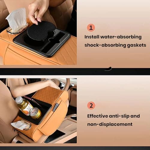 Multifunctional Car Armrest Cushion, Armrest Storage Box, Car Armrest Cover, 5-in-1 Center Console Coverwith 2 Storage Bags Cup Holder, Tissue Box Slot, Phone Slot (Beige) — view 5