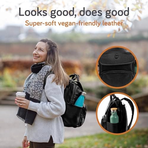 Baby Uma Award-Winning Baby Changing Bag Backpack - Leather-Style for Mum & Dad, Nappy Bag with Insulated Bottle Holders, Multiple Compartments & Changing Mat (Black) — view 6