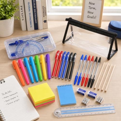 42PCS Back to School Stationery Sets, School Supplies Kit with Pencil Case, Notebook, Eraser, Sticky Notes, Pencil Sharpener, Compass Set, Highlighters, Pencils, Angle Ruler, Fountain Pens,Signing Pen — view 4