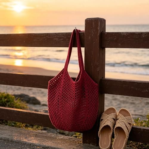 Openwork Mesh Crochet Straw Tote Bag for Women, Large Woven Hobo Handbag, Simple Summer Beach Bag (Red) — view 6