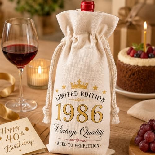 Xenovate 40th Birthday Gifts for Men Women - Wine Bags Gift with Drawstring, Limited Edition 1986 Burlap Bottle Bags Turning 40 Best Friend, Wife, Coworker — view 6