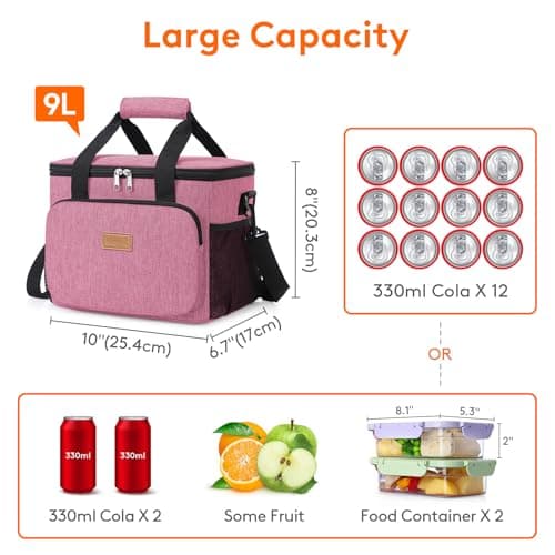 Lifewit Lunch Bag 9L 12 Can Insulated Lunch Box Soft Cooler Cooling Tote for Adult Men Women, Pink — view 4