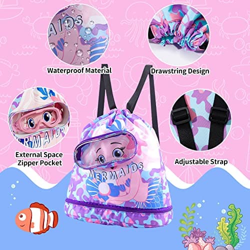 EQLEF Drawstring Bag Kids Swimming Bag, Waterproof Swim Bag Girls Swimming Bag Dry-Wet Separation Beach Backpack with Zippered Pocket Shoe Compartment Sports Gym PE Beach Bag for Girls — view 4