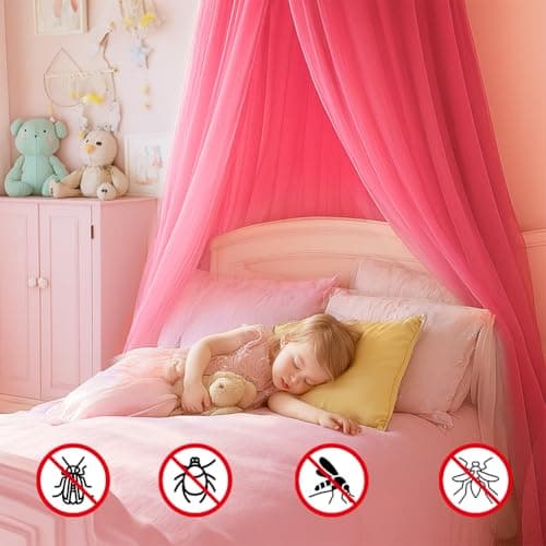 Vicloon Bed Canopy, Mosquito Net for Single Beds, Princess Canopy, Round Dome Hanging Bed Curtains for Girls Room Decor (Pink) — view 6