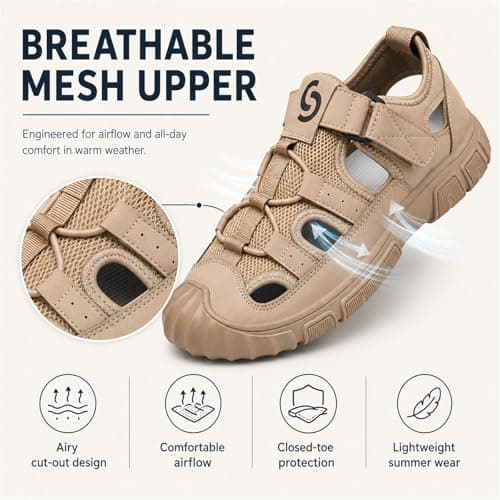 Metaju Men's Closed Toe Outdoor Sandals, PU Leather Lightweight Hiking Sandals with HOOk&LOOP, Non-Slip Rubber Sole Walking Shoes for Beach Trekking Camping Travel Casual Summer (Khaki,7) — view 4