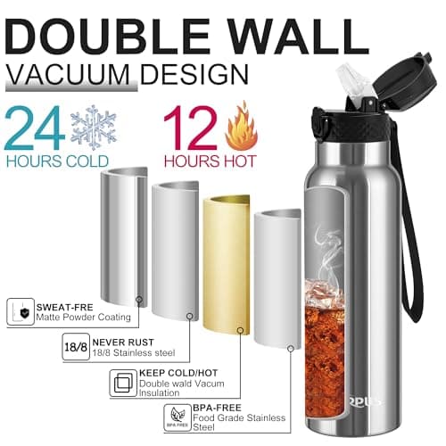 GOPPUS 750ml/26oz Stainless Water Bottle with Straw Double Wall Insulated Bottles with Strap Reusable Vacuum Thermal Flask Leakproof Keep Cold Drinks Bottles with Flip Top Lid BPA Free (Silver) — view 5