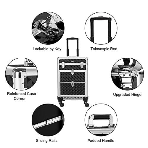 Bonnlo Aluminum Rolling Makeup Train Case, Portable Makeup Organizer Suitcase, Cosmetic Storage Box, Travel Beauty Luggage Trolley Lockable w/4 Removable Wheels & 2 Sliding Drawers -Black — view 3
