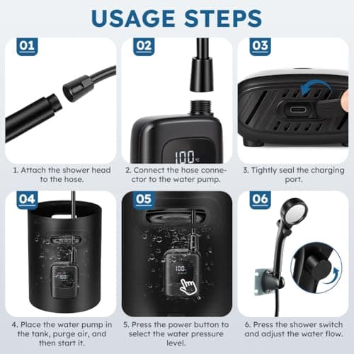 AUAUY Portable Shower for Camping, Shower Pump 3600mAh Rechargeable — view 4