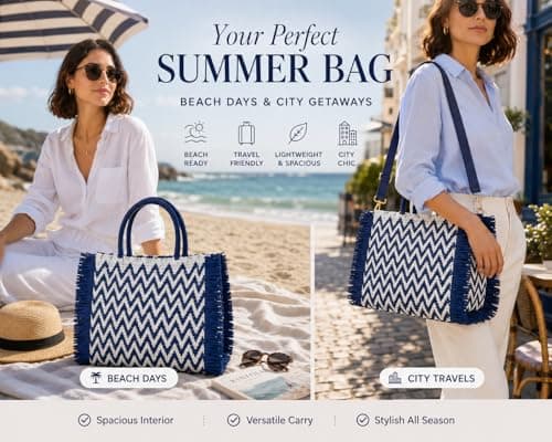 Woodland Leathers Womens Summer Bag, Straw Beach Bag, Large Woven Tote Bag with Raffia Fringe, Boho Chevron Design, Detachable Adjustable Shoulder Strap Holiday Handbag (Blue, Large) — view 2