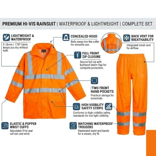Hi Vis Waterproof Rainsuit 2 Piece Jacket & Trousers Set – High Visibility Workwear Safety Rain Suit Overalls Protective Clothing Outdoor Work Unisex Lightweight Synthetic Waterproof Orange L — view 6