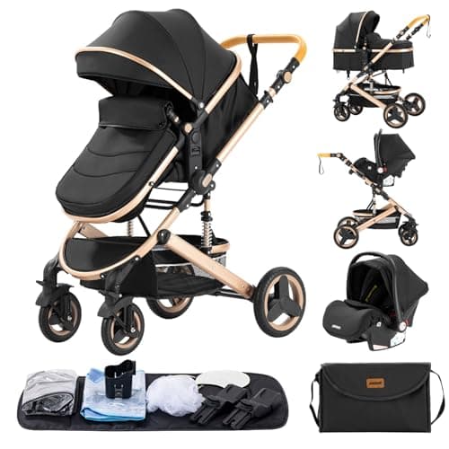 GLOKID 3 in 1 Prams Travel System, 0-4 Years, Foldable, Compact and Reclining Baby Pushchair, Aluminum Frame, Accessories, Nursery Bag (530 Black)