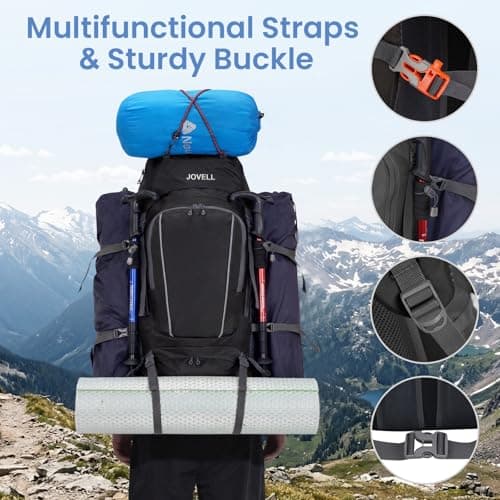 JOVELL Hiking Backpack for Men Women, Large Capacity Durable Trekking Backpack with Rain Cover, Waterproof Lightweight Camping Backpack for Backpacking Travel Mountaineering (Black) — view 4