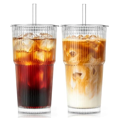 SoulTimes 600ml Glass Cups with Lids and Straws, Ribbed Glass Tumbler for Iced Coffee, Smoothie, Juice & Cold Drinks, Reusable Thick Glassware Set, Elegant Home & Travel Drinkware【2 Pack】