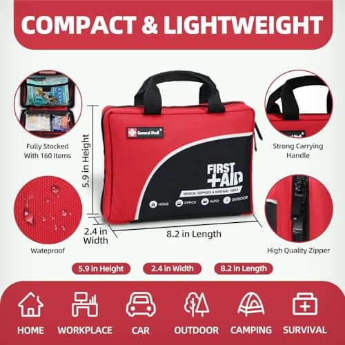 General Medi 160 Piece Premium First Aid Kit Bag - Includes Cold (Ice) Pack, Emergency Blanket for Travel, Home, Office, Car, Camping, Workplace (Red) — view 3