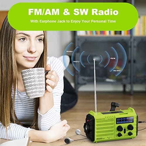 Solar Hand Crank Radio, 5-Way Powered AM/FM/SW Emergency Radio for Outdoor with 5000 mAh Capacity Battery, Portable Radio with USB Charger, LED Flashlight, Reading Lamp, SOS Alarm and Compass Green — view 6