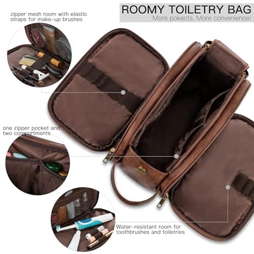 Elviros PU Leather Toiletry Bag for Men Water-Resistant, Dark Brown-Medium — view 2