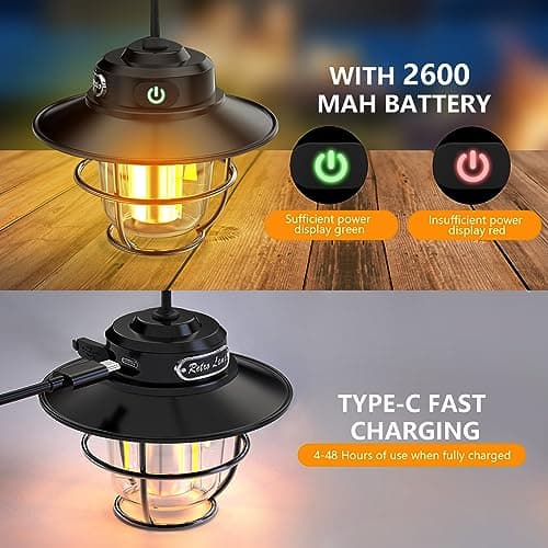 XRDZYXGS Camping Lantern, Rechargeable Retro Lights for Tents, Portable Waterproof 4 Light Modes (1300-6500K) Stepless Dimming Brightness for Hiking, Emergency, Fishing (Black) — view 5