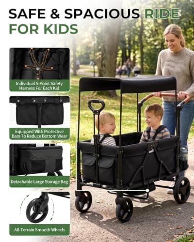LALAHO Folding Wagon Stroller for 2 Kids with 5-Point Harness, Black — view 3