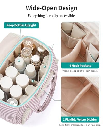 Narwey Large Toiletry Bag for Women, Travel Wash Bag Women for Full Size Toiletries, Wide Open Toiletries Bag Makeup Cosmetic Organizer Bag for Essentials Accessories (Dusty Rose Stripe) — view 2