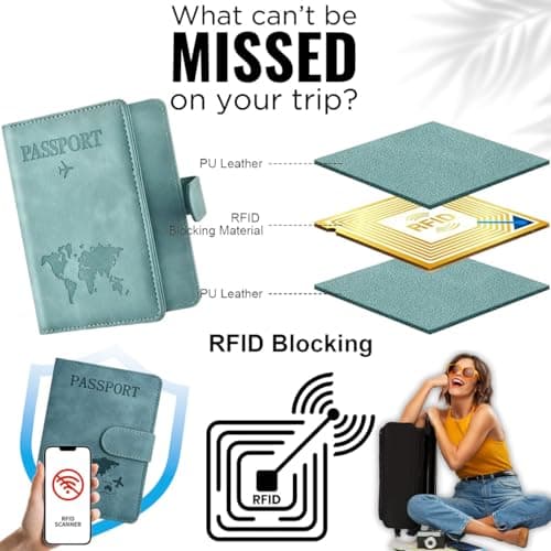 Passport Holder Cover Wallet Case, 2 Pcs PU Leather Travel Wallet with RFID Blocking Passport Book Holders Organiser Travel Must Haves Credit Cards Boarding Passes Covers for Men Women (Pink & Blue) — view 3
