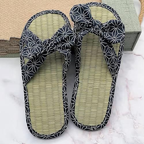 Flip Flops Bamboo Women's Slippers Toe Separator Summer Mules Flower Sandals Flat Comfortable Non-Slip Silent Bamboo Rattan Flop Slippers, Black, EU 41, Blue B, 7 UK — view 2