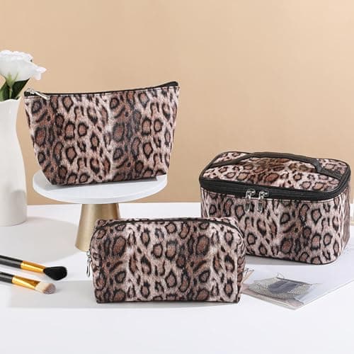 3 Pcs Leopard Print Makeup Bag Set, Dark Brown Travel Cosmetic Bags & Toiletry Organiser for Women, Portable Vanity Case Pouch, Stylish Travel Essentials & Beauty Gifts — view 6