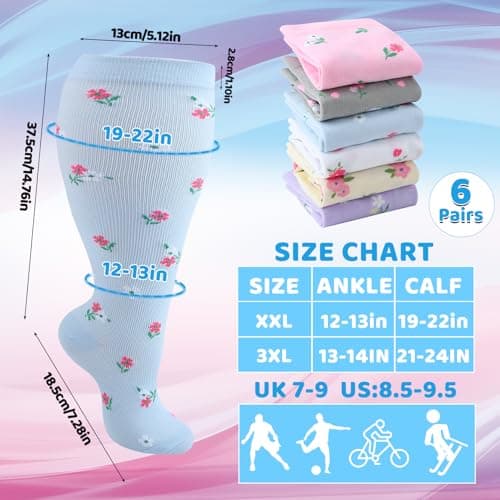 Zuimei 6 Pairs Women Plus Size Leg Compression Socks Wide Calf Compression Support Socks for Women Ideal for Flight Travel Varicose Veins XXL — view 4