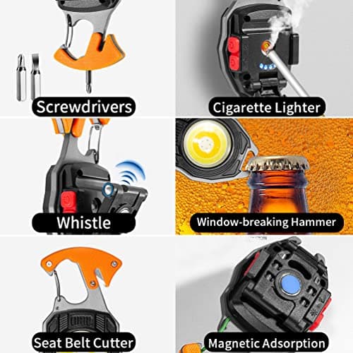 BY-J Multitool Keychain Flashlight, Rechargeable COB Pocket Work Light with Carabiner, Bottle Opener, Screwdriver, Magnetic Base, EDC Survival Emergency Gear Camping Gift for Men, Orange — view 3