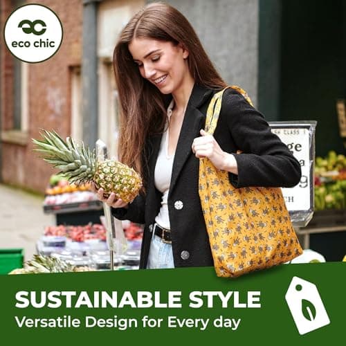 ECO CHIC Lightweight Foldable Reusable Shopping Bag Water Resistant Tote Bag (Giraffes Beige) — view 2