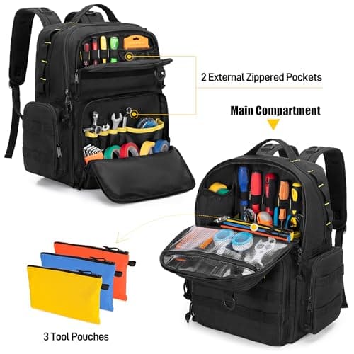 Rexmica Tactical Tool Bag Backpack for Men with 3 Tool Pouches, Black — view 3